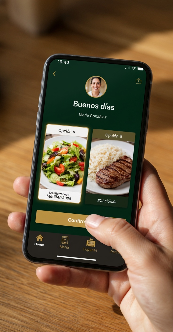 App AllSolutions — selección de menú del día en celular